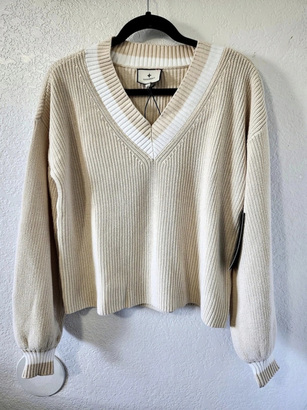 Tuckernuck V-Neck Pullover Ashe Cream Sandstone Knitted Cotton Sweater Small